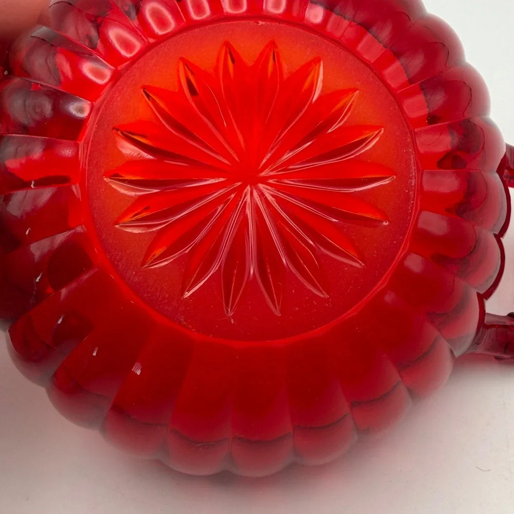 Vintage Ruby Red Glass Double Handled Candy Dish Bowl Starburst Base 6.25